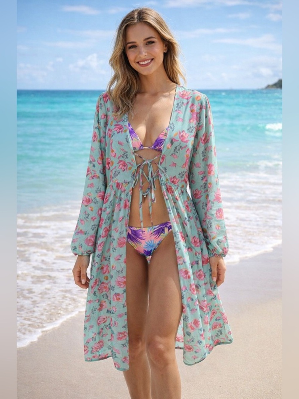 Beach Cover Up Hazel & Olive Floral Sheer Aqua Pink Boho Kimono Small Resortwear